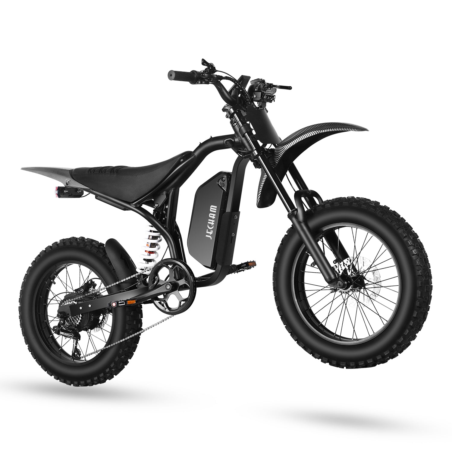 Black electric dirt bike with front suspension and knobby tires, side view