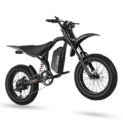 Black electric dirt bike with front suspension and knobby tires, side view