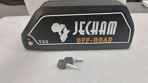 Rechargeable 60V e-bike battery pack, dark gray with rugged label and connector