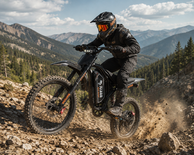 QF200PRO electric dirt bike, rider in helmet and goggles on an off-road trail