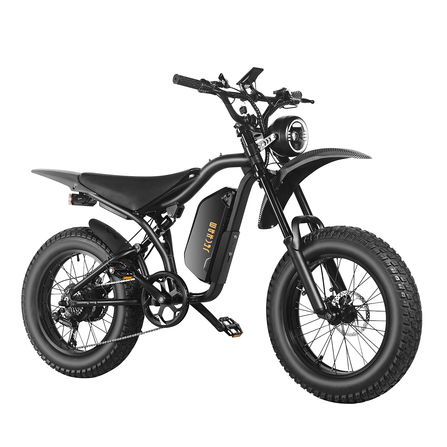 QL200 electric dirt bike, black frame, front headlight, side battery, knobby tires