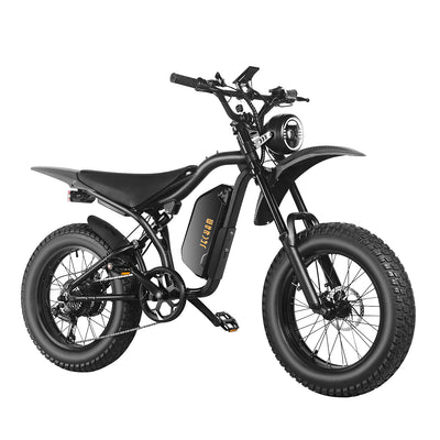 QL200 electric dirt bike, black frame, front headlight, side battery, knobby tires