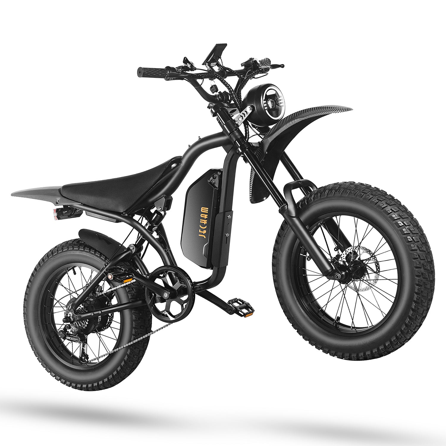 QL200 electric dirt bike with black frame, headlight and fork, side battery, knobby tires