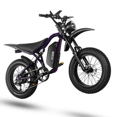 QL200 electric dirt bike, purple frame, front fork and headlight, side battery, knobby tires