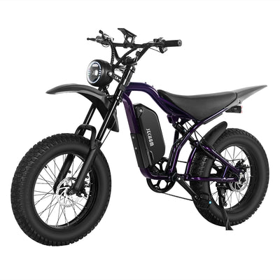 QL200 electric dirt bike, purple frame, side battery pack, front light, knobby tires