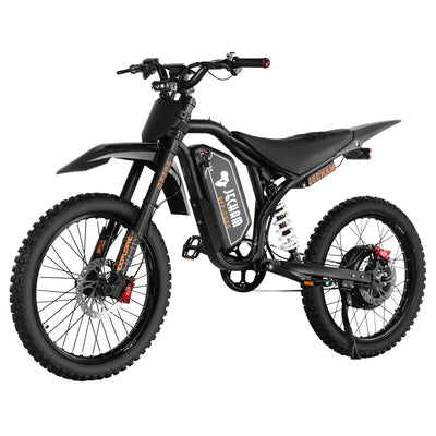 Electric dirt bike, black frame and knobby tires, side view with suspension