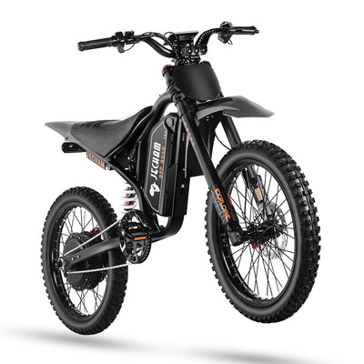 Electric dirt bike, black frame and thick front fork, side view on white background