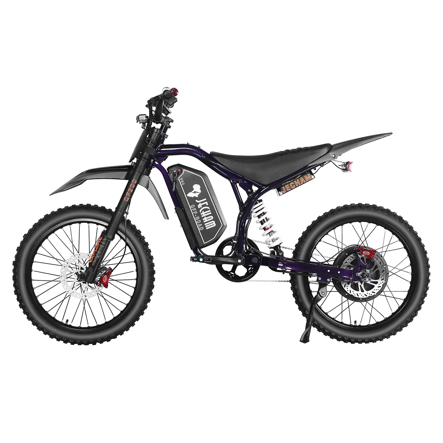 Electric dirt bike, purple frame accents and black seat, side profile