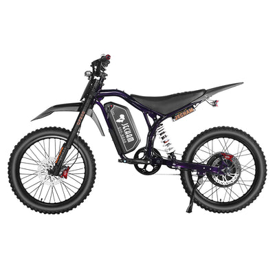 Electric dirt bike, purple frame accents and black seat, side profile