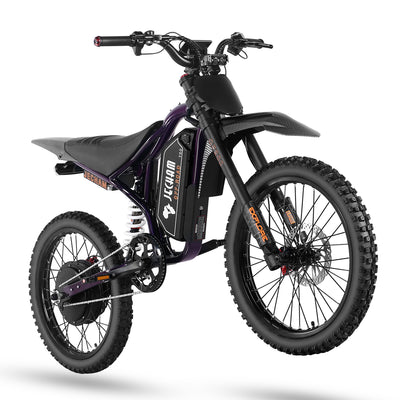 Electric dirt bike in purple with front suspension, thick tires, and mounted battery