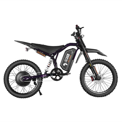 Electric dirt bike, black and purple frame with knobby tires, front three-quarter view