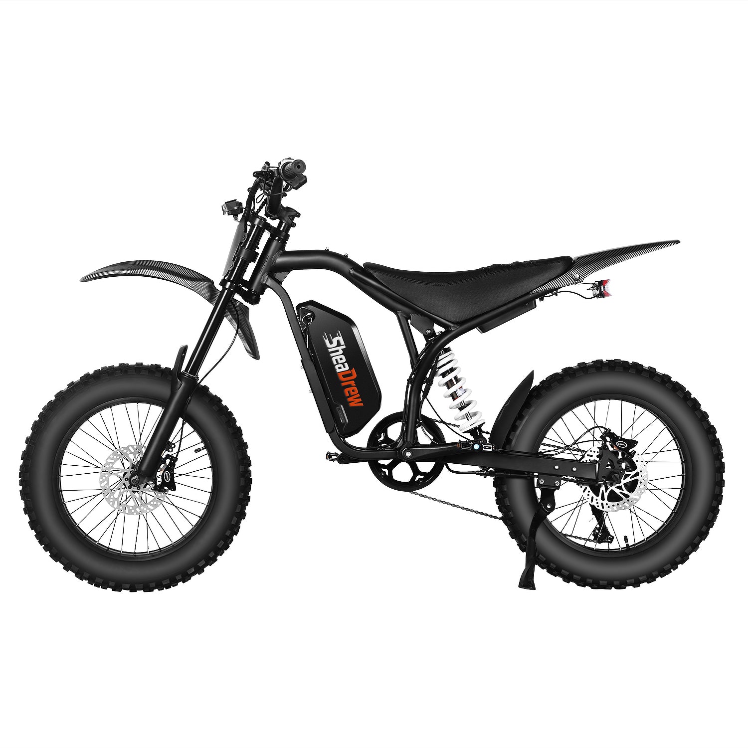 Black electric dirt bike, angled side view, full-suspension frame and knobby tires