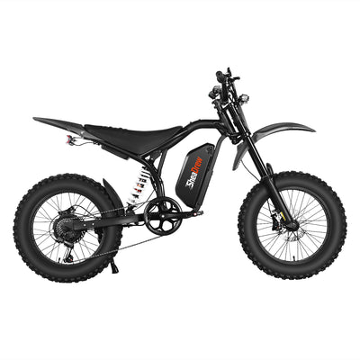 Black electric dirt bike, other side view, front suspension and disc brakes
