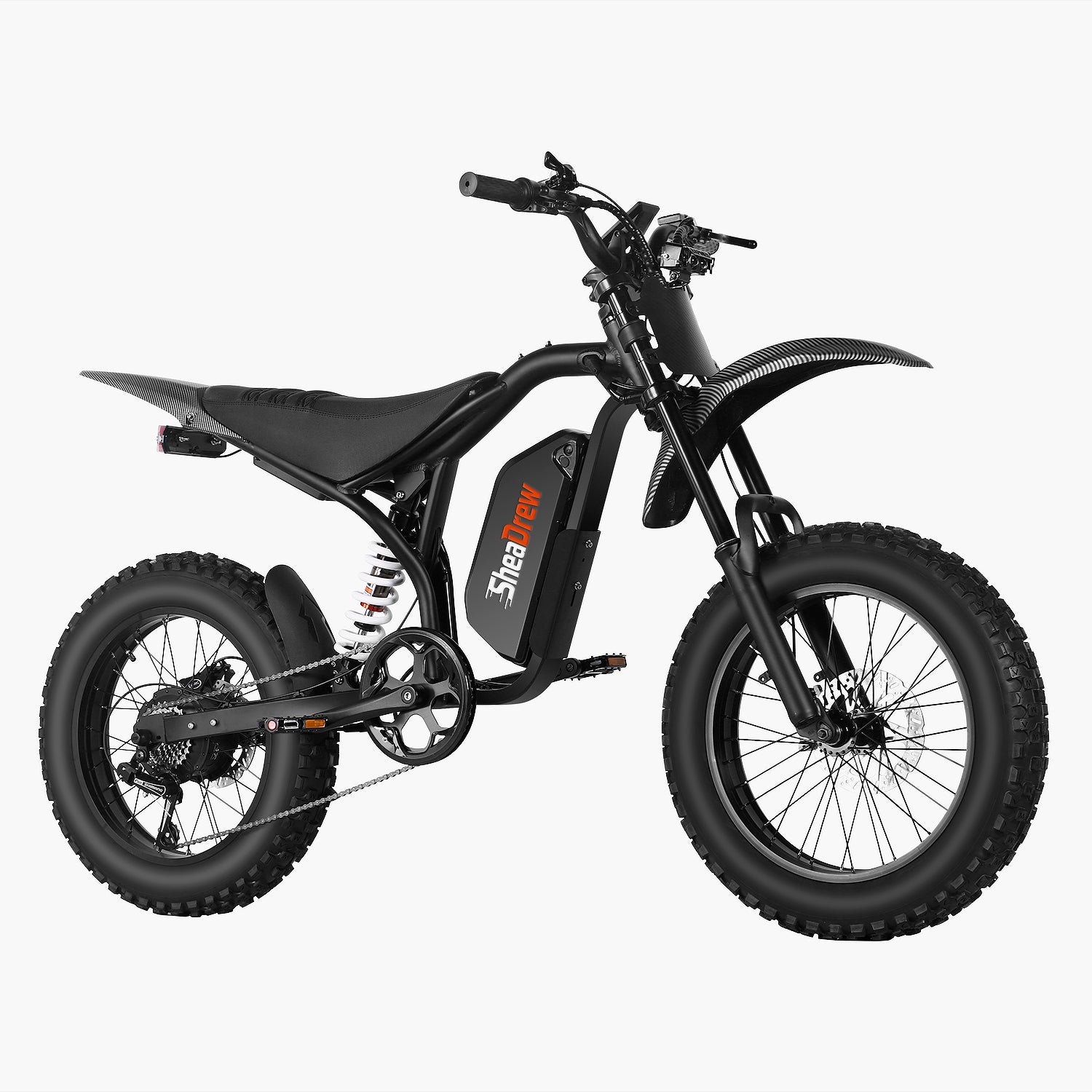Black electric dirt bike with rear shock and disc brakes, side profile