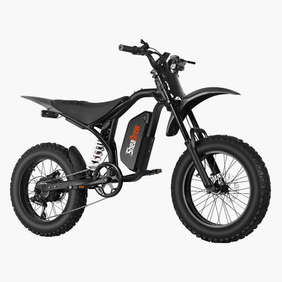 Black electric dirt bike with rear shock and disc brakes, side profile