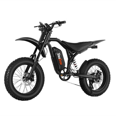Black electric dirt bike with wide handlebars and headlight, side profile