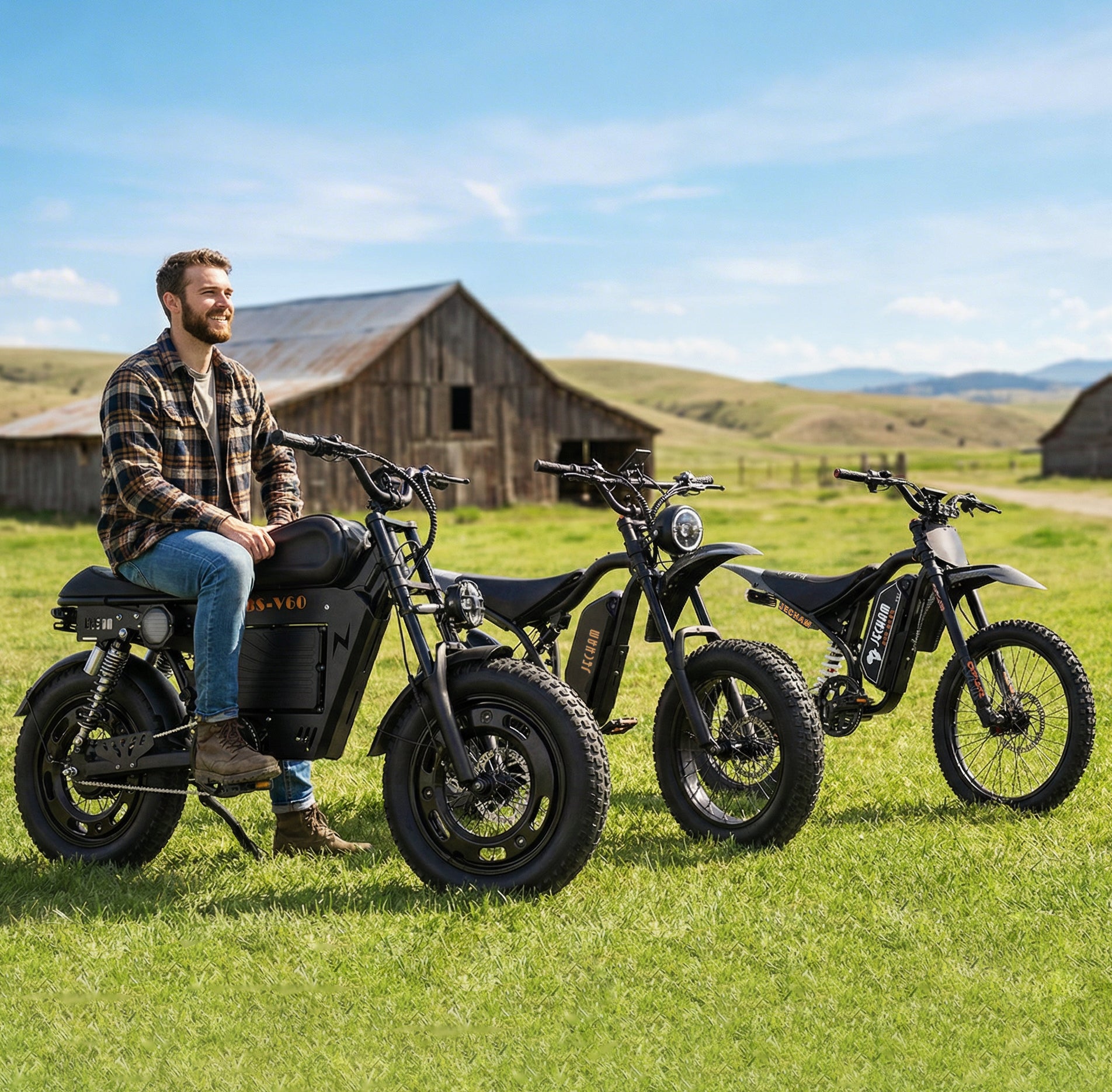 Black electric motorcycles with knobby tires, front view and handlebars visible