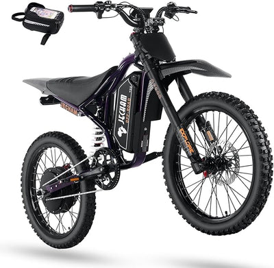 Electric dirt bike with purple accents, black seat and front suspension, side view