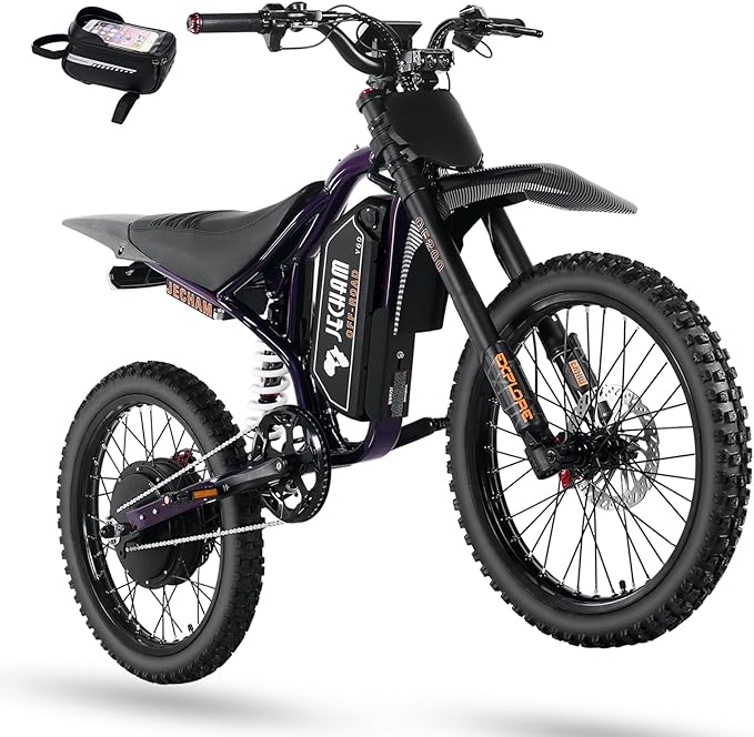 Electric dirt bike with purple accents, black seat and front suspension, side view