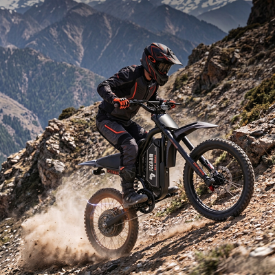 Rider on purple and black electric dirt bike with knobby tires and front fork