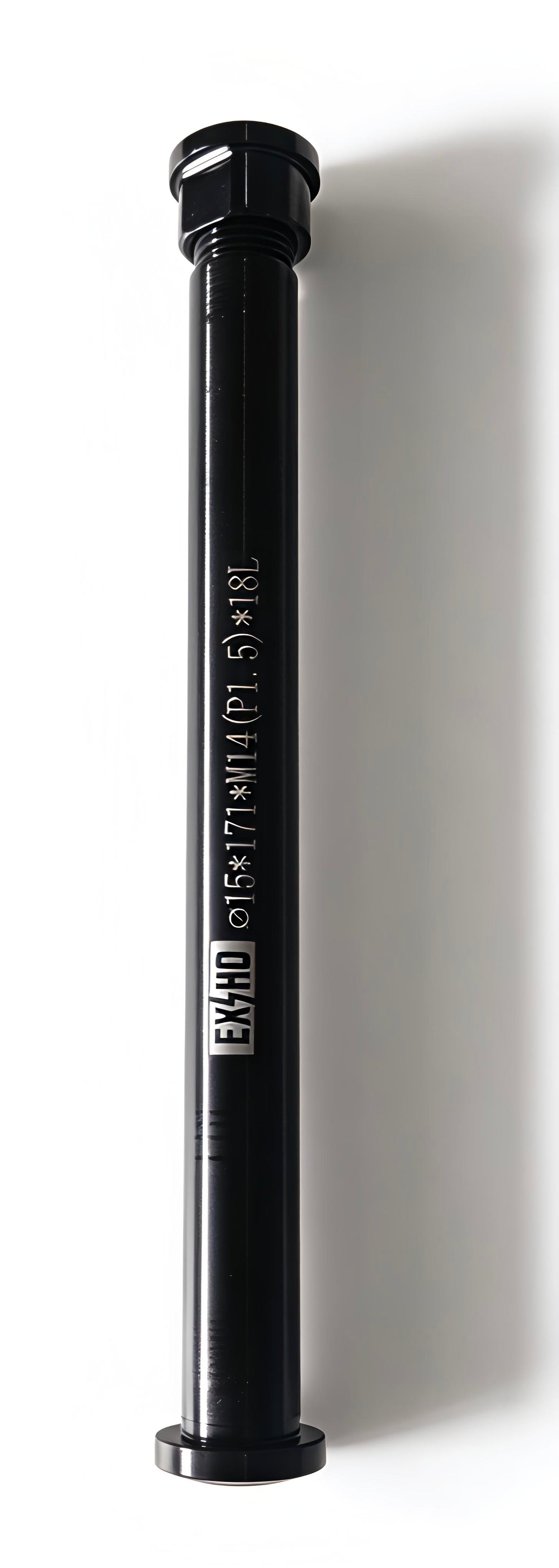 Black thru-axle with end cap and vertical printed measurement markings