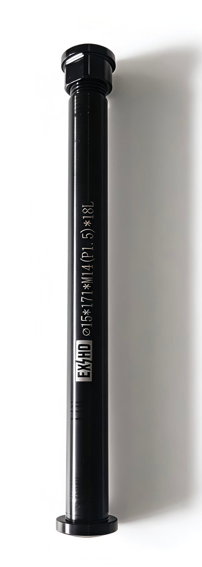 Black thru-axle with end cap and vertical printed measurement markings
