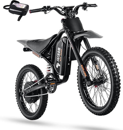 Electric dirt bike in black with front headlight, thick tires, and handlebar display