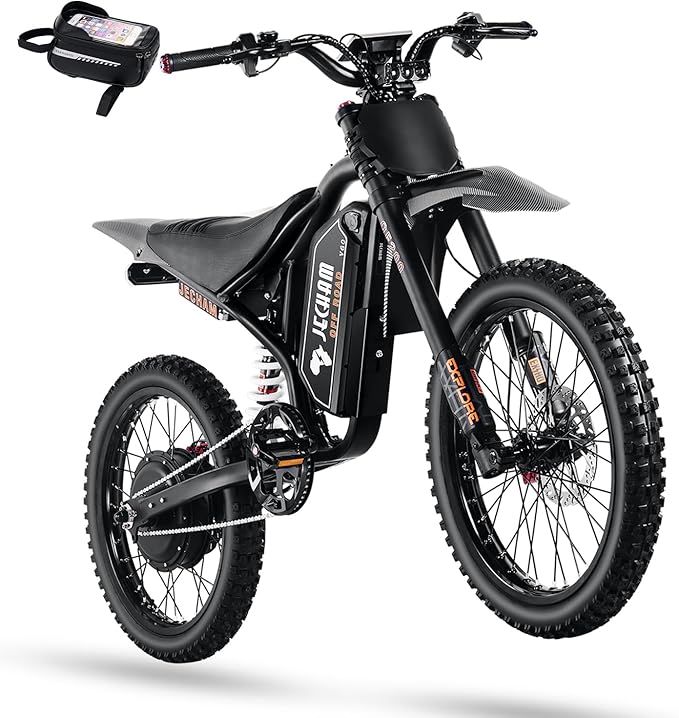 Electric dirt bike in black with front headlight, thick tires, and handlebar display